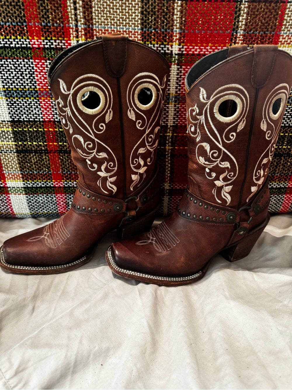 J.B. Dillon Brown Leather Embroidered Harness Heeled Boots - Picture 7 of 7